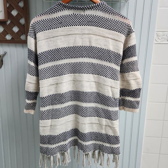 American Living Black and White Stripe Knit Half Sleeve Fringe Open Cardigan - Picture 2 of 7